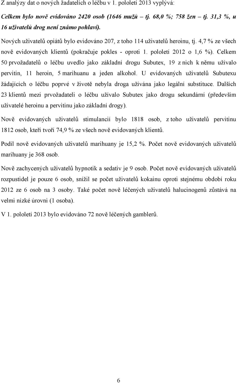 Celkem 50 prvožadatelů o léčbu uvedlo jako základní drogu Subutex, 19 z nich k němu užívalo pervitin, 11 heroin, 5 marihuanu a jeden alkohol.