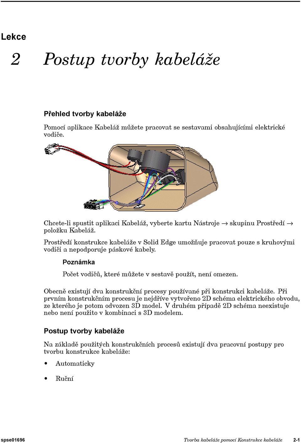 Prostředí konstrukce kabeláže v Solid Edge umožňuje pracovat pouze s kruhovými vodiči a nepodporuje páskové kabely. Poznámka Počet vodičů, které můžete v sestavě použít, není omezen.