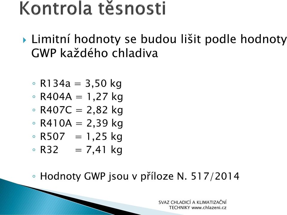 R407C = 2,82 kg R410A = 2,39 kg R507 = 1,25 kg