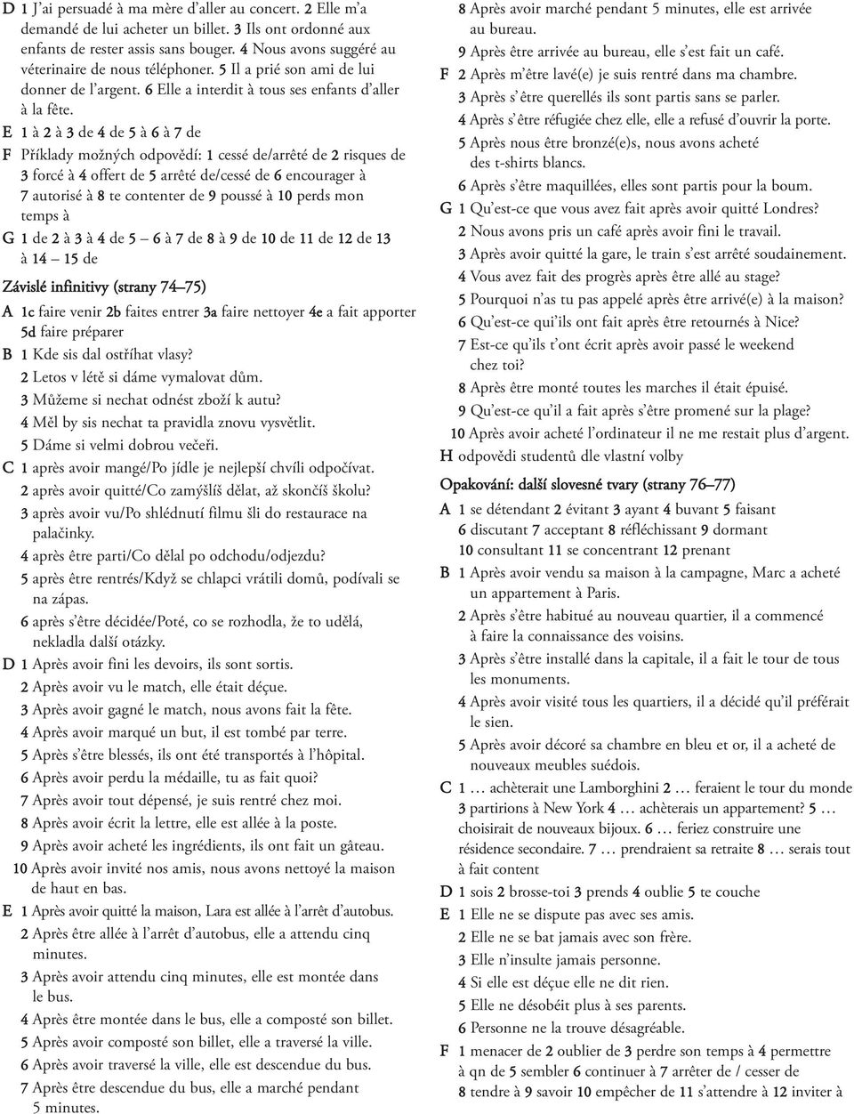 E 1 à 2 à 3 de 4 de 5 à 6 à 7 de F Příklady možných odpovědí: 1 cessé de/arrêté de 2 risques de 3 forcé à 4 offert de 5 arrêté de/cessé de 6 encourager à 7 autorisé à 8 te contenter de 9 poussé à 10