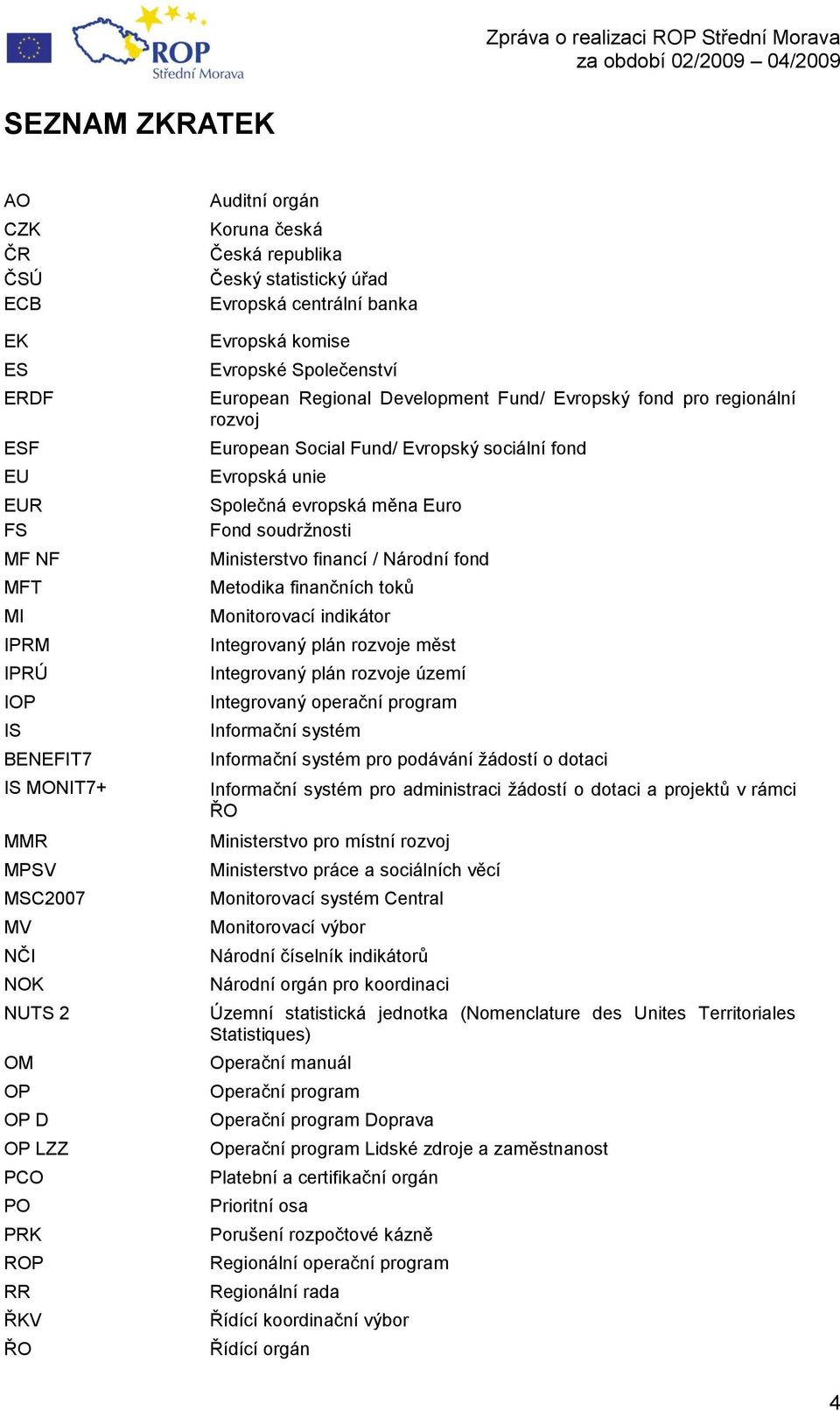 Social Fund/ Evropský sociální fond Evropská unie Společná evropská měna Euro Fond soudrţnosti Ministerstvo financí / Národní fond Metodika finančních toků Monitorovací indikátor Integrovaný plán