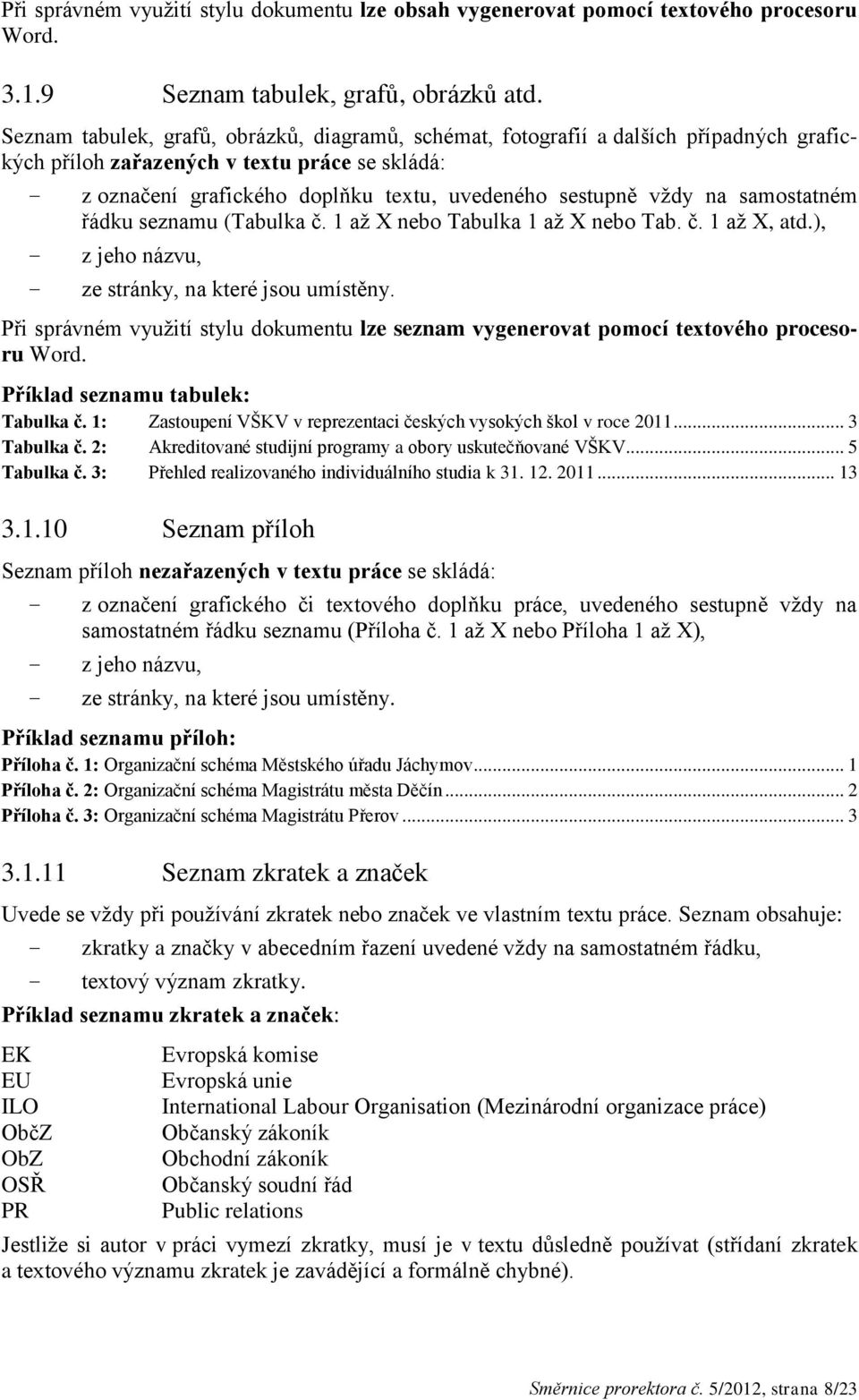na samostatném řádku seznamu (Tabulka č. 1 až X nebo Tabulka 1 až X nebo Tab. č. 1 až X, atd.), z jeho názvu, ze stránky, na které jsou umístěny.