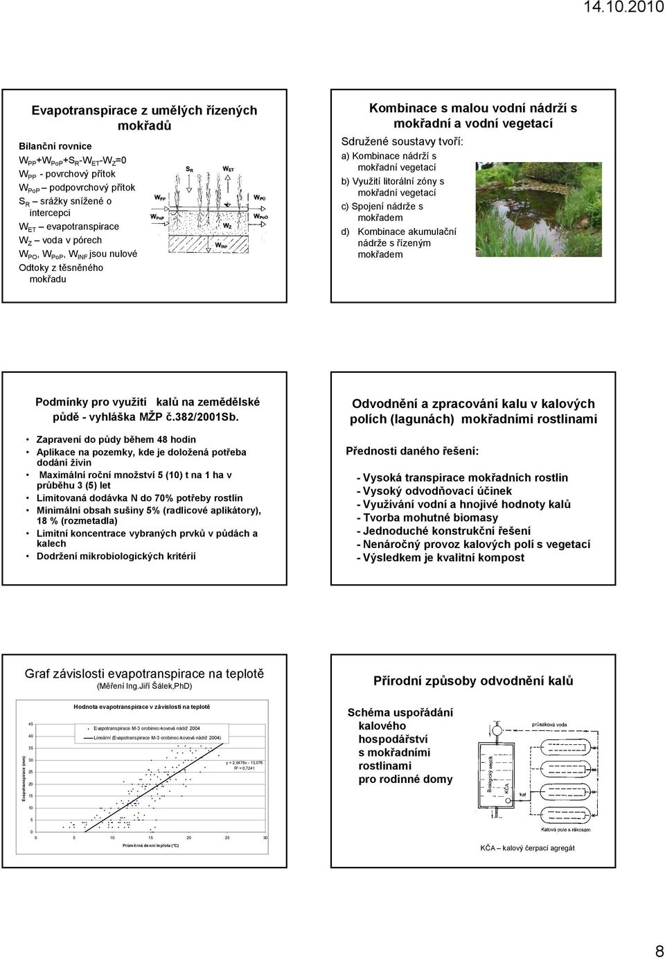 Využití litorální zóny s mokřadní vegetací c) Spojení nádrže s mokřadem d) Kombinace akumulační nádrže s řízeným mokřadem Podmínky pro využití kalů na zemědělské půdě - vyhláška MŽP č.382/2001sb.