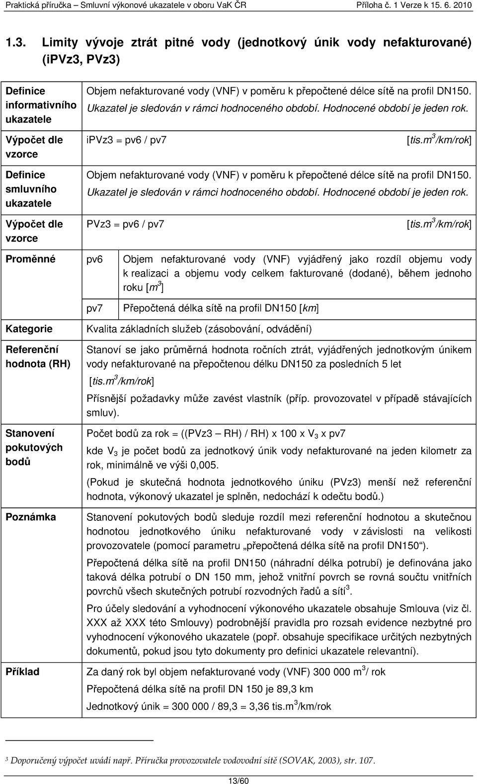 m 3 /km/rok] Proměnné pv6 pv7 Objem nefakturované vody (VNF) vyjádřený jako rozdíl objemu vody k realizaci a objemu vody celkem fakturované (dodané), během jednoho roku [m 3 ] Přepočtená délka sítě