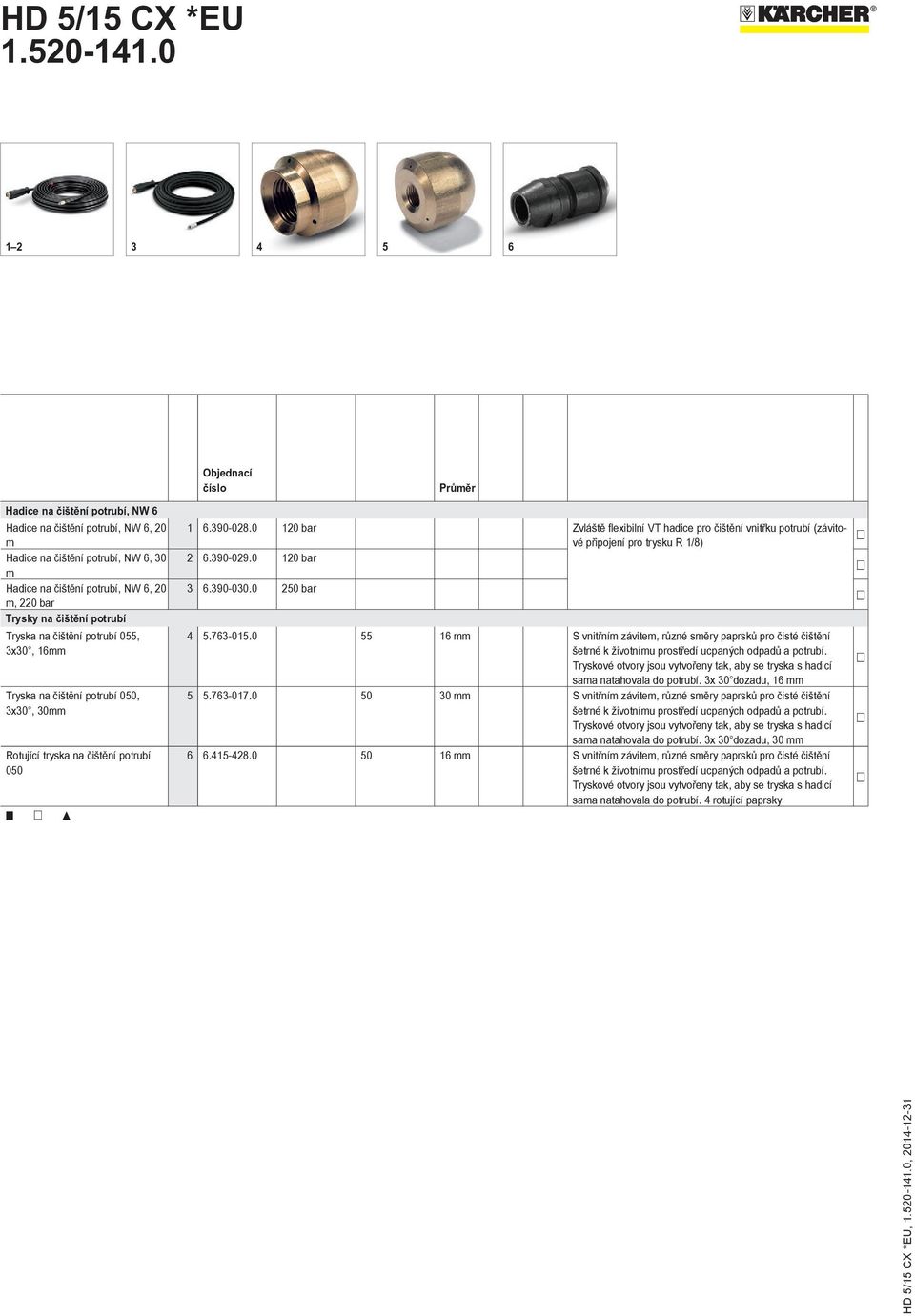 0 120 bar Zvláště flexibilní VT hadice pro čištění vnitřku potrubí (závitové připojení pro trysku R 1/8) 2 6.390-029.0 120 bar 3 6.390-030.0 250 bar 4 5.763-015.