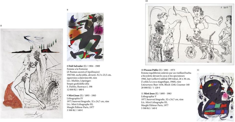 : Miró Lithographe III, Maeght Éditeur Paris, 1977 3 500 Kč / 140 10 Picasso Pablo (E) / 1881-1973 Femme équilibriste enlevée par un vieillard barbu a bicyclette devant le cocu et les spectateurs