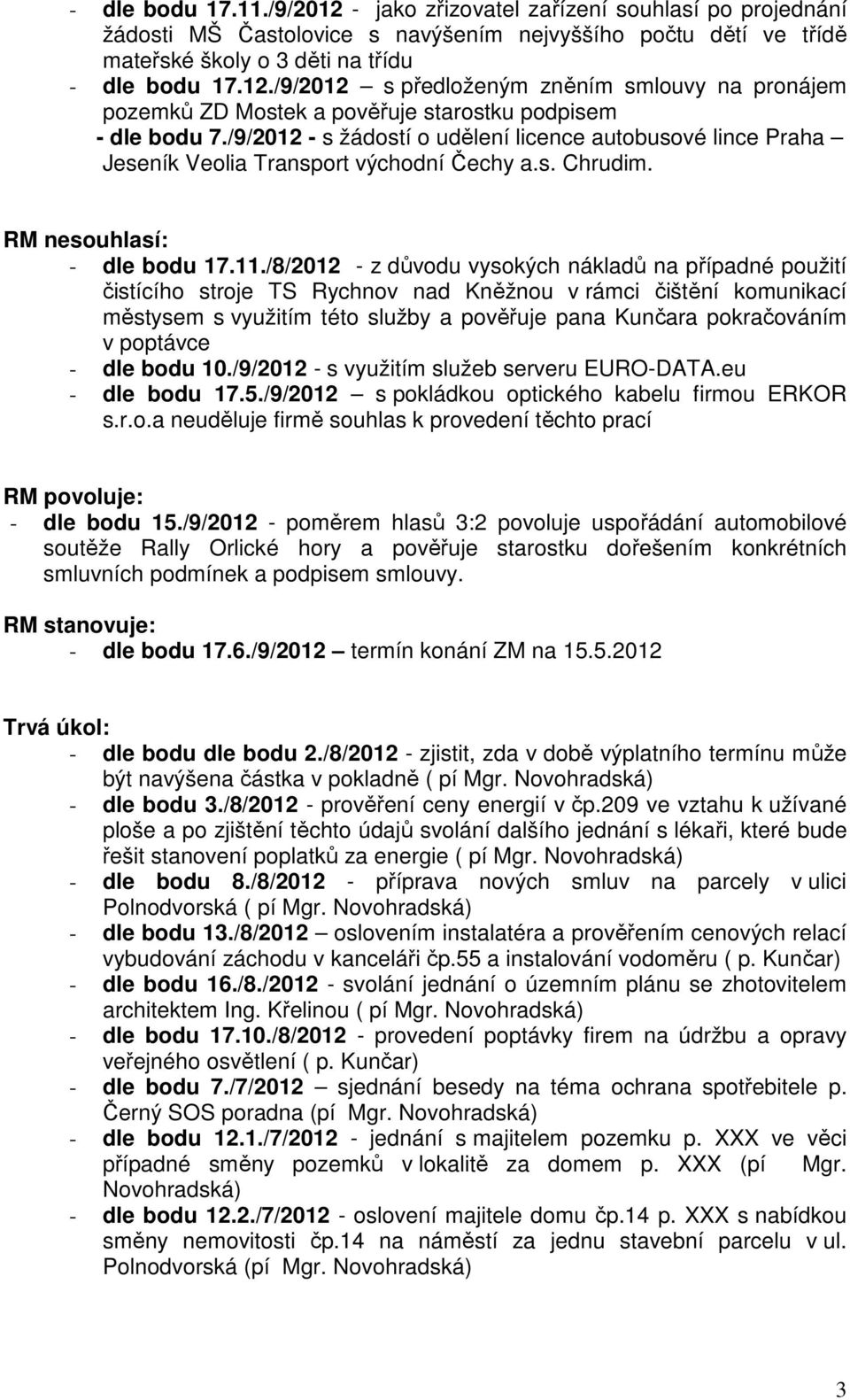 /8/2012 - z důvodu vysokých nákladů na případné použití čistícího stroje TS Rychnov nad Kněžnou v rámci čištění komunikací městysem s využitím této služby a pověřuje pana Kunčara pokračováním v