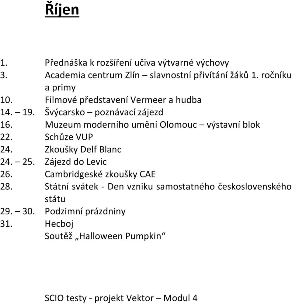 Muzeum moderního umění Olomouc výstavní blok 22. Schůze VUP 24. Zkoušky Delf Blanc 24. 25. Zájezd do Levic 26.