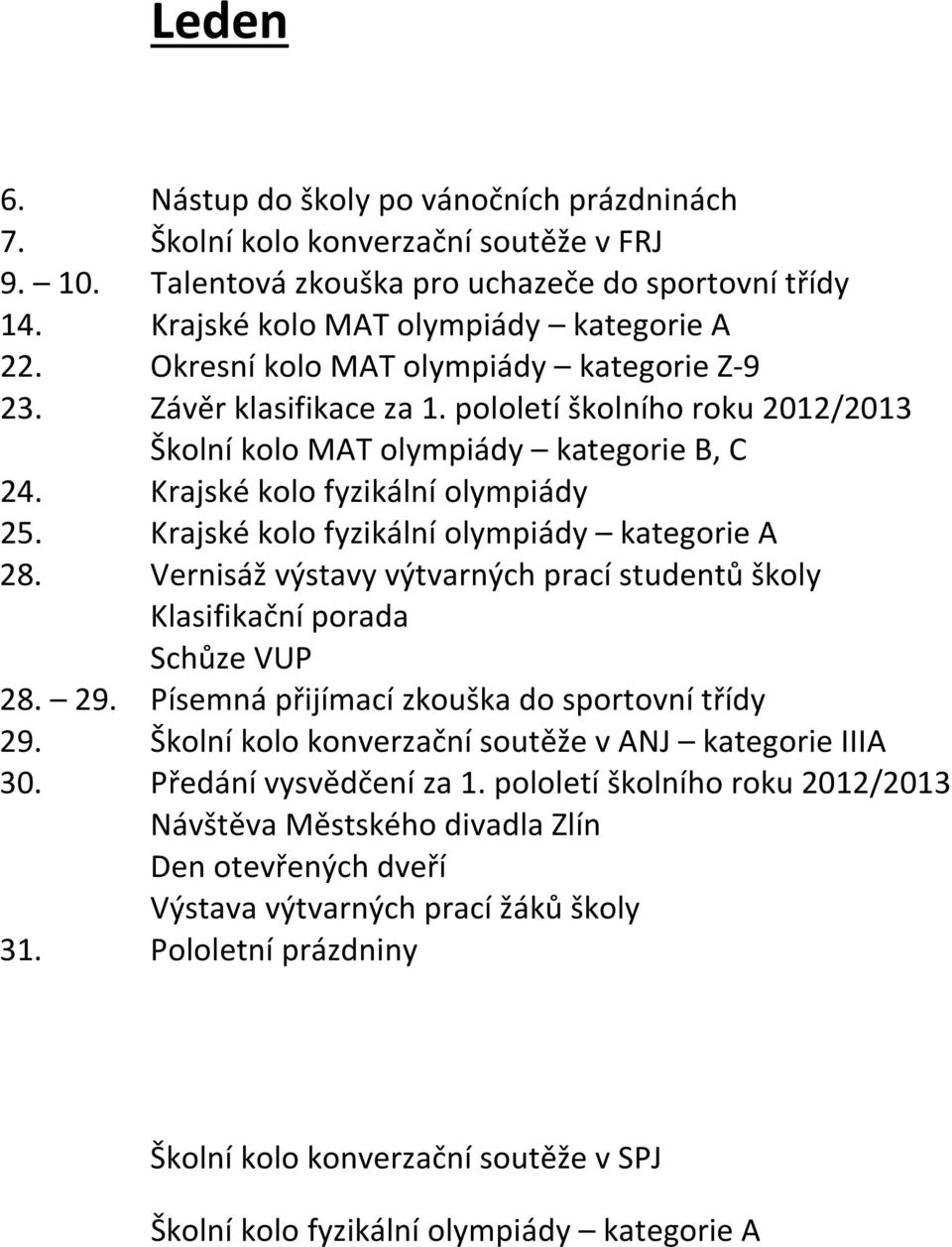 Krajské kolo fyzikální olympiády kategorie A 28. Vernisáž výstavy výtvarných prací studentů školy Klasifikační porada Schůze VUP 28. 29. Písemná přijímací zkouška do sportovní třídy 29.