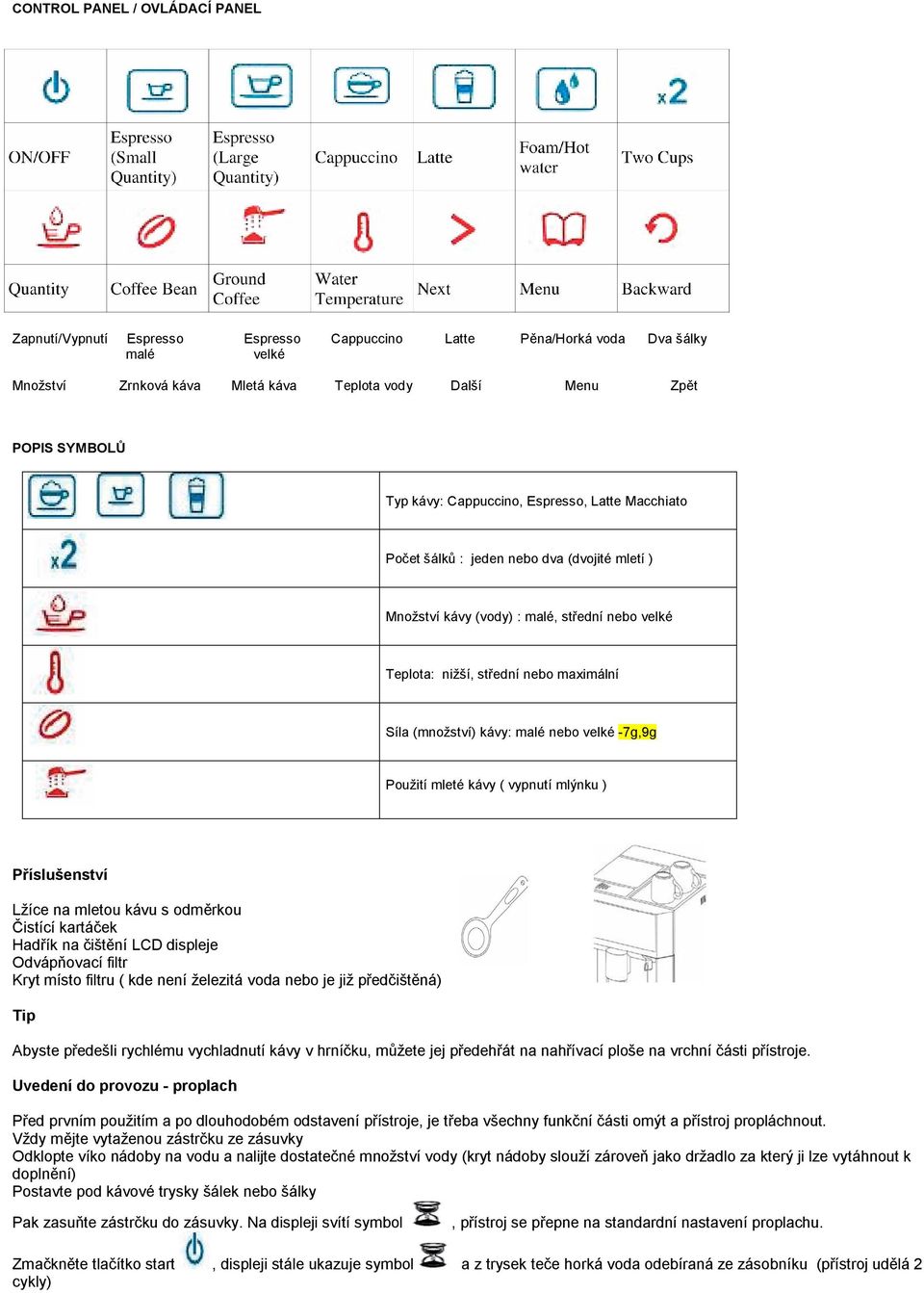 malé nebo velké -7g,9g Použití mleté kávy ( vypnutí mlýnku ) Příslušenství Lžíce na mletou kávu s odměrkou Čistící kartáček Hadřík na čištění LCD displeje Odvápňovací filtr Kryt místo filtru ( kde