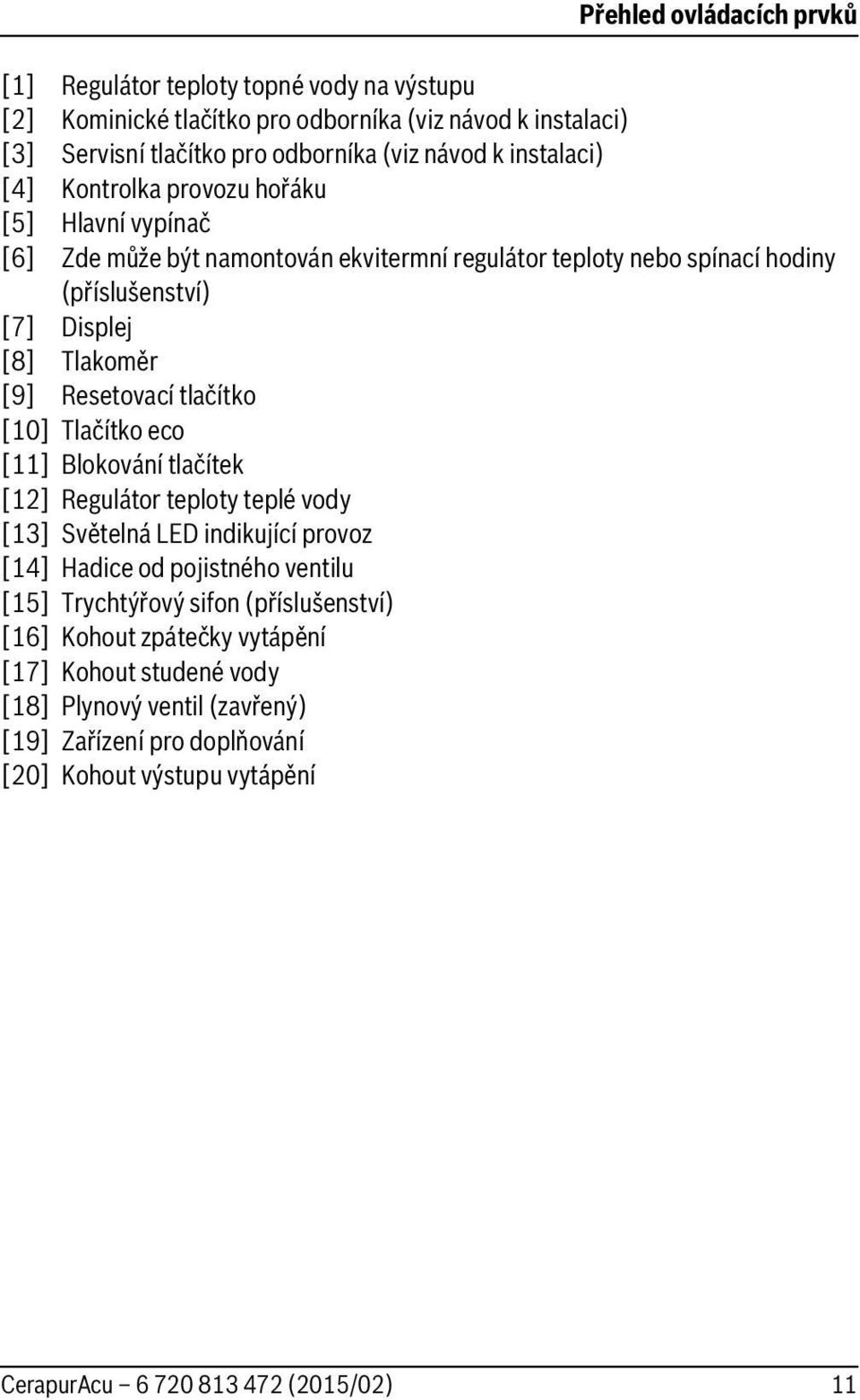 [8] Tlakoměr [9] Resetovací tlačítko [0] Tlačítko eco [] Blokování tlačítek [] Regulátor teploty teplé vody [3] Světelná LED indikující provoz [4] Hadice od pojistného