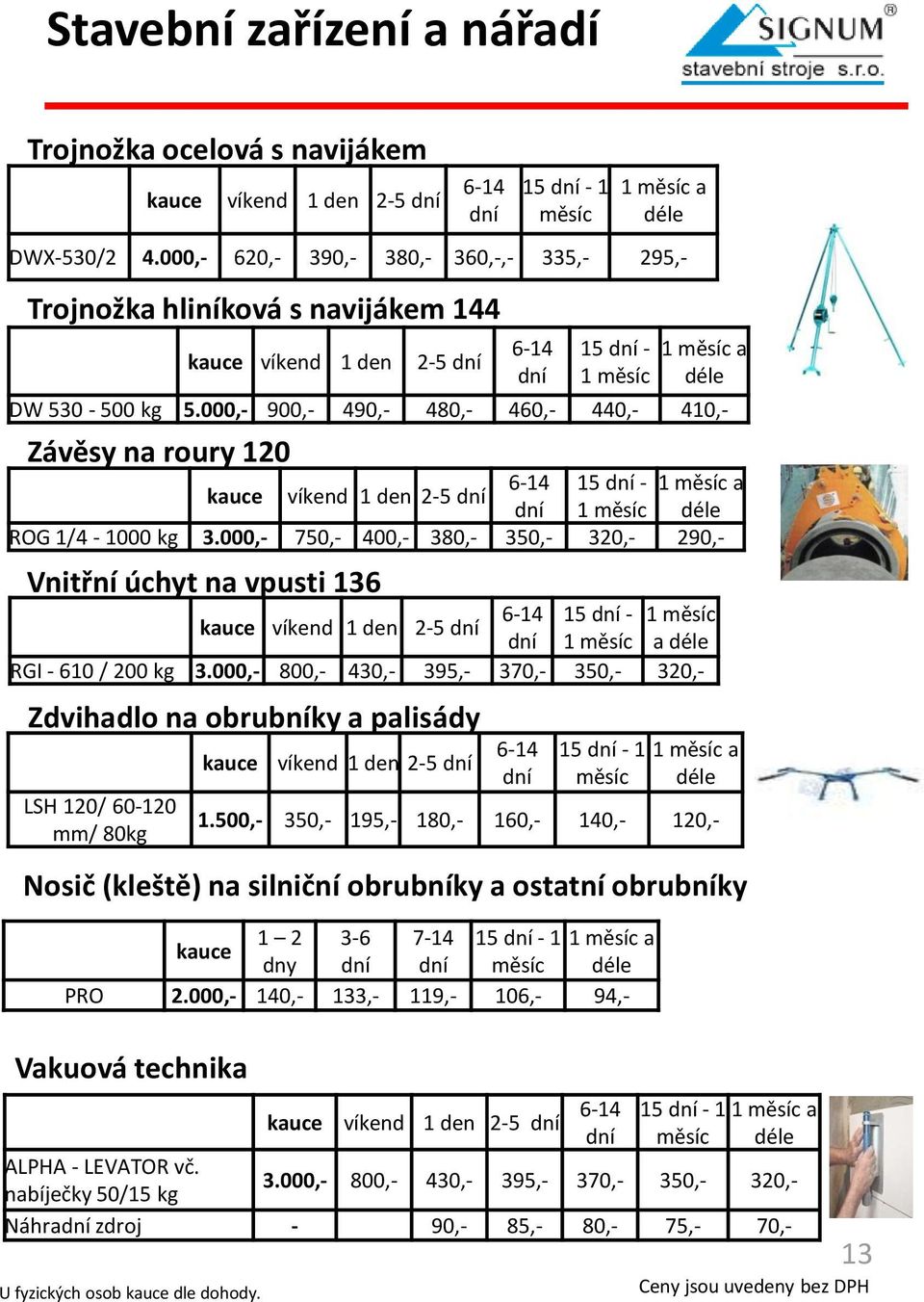 000,- 900,- 490,- 480,- 460,- 440,- 410,- Závěsy na roury 120 6-14 15 - a víkend 1 den 2-5 déle ROG 1/4-1000 kg 3.