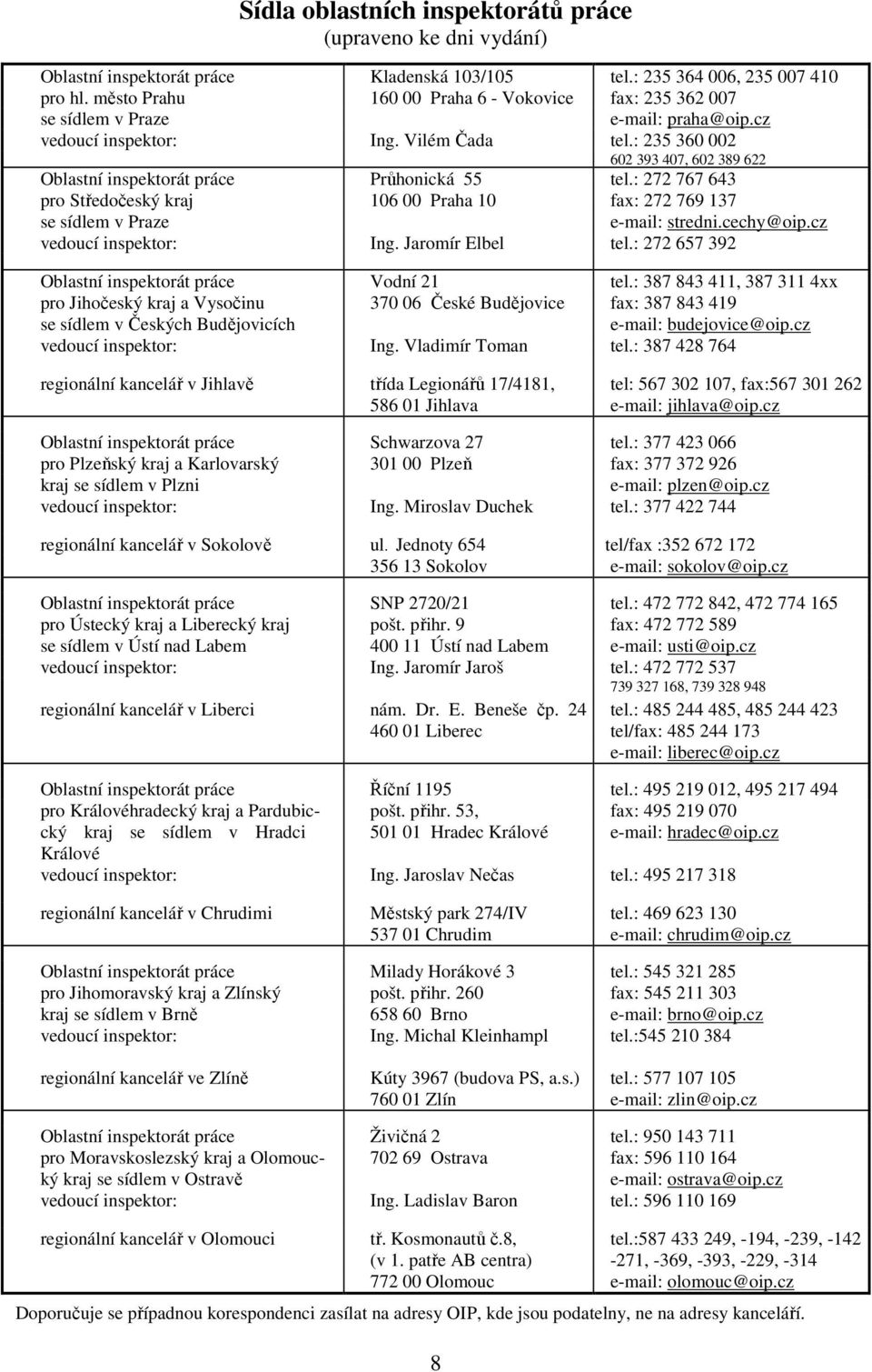 : 235 360 002 602 393 407, 602 389 622 Oblastní inspektorát práce Průhonická 55 tel.: 272 767 643 pro Středočeský kraj 106 00 Praha 10 fax: 272 769 137 se sídlem v Praze e-mail: stredni.cechy@oip.