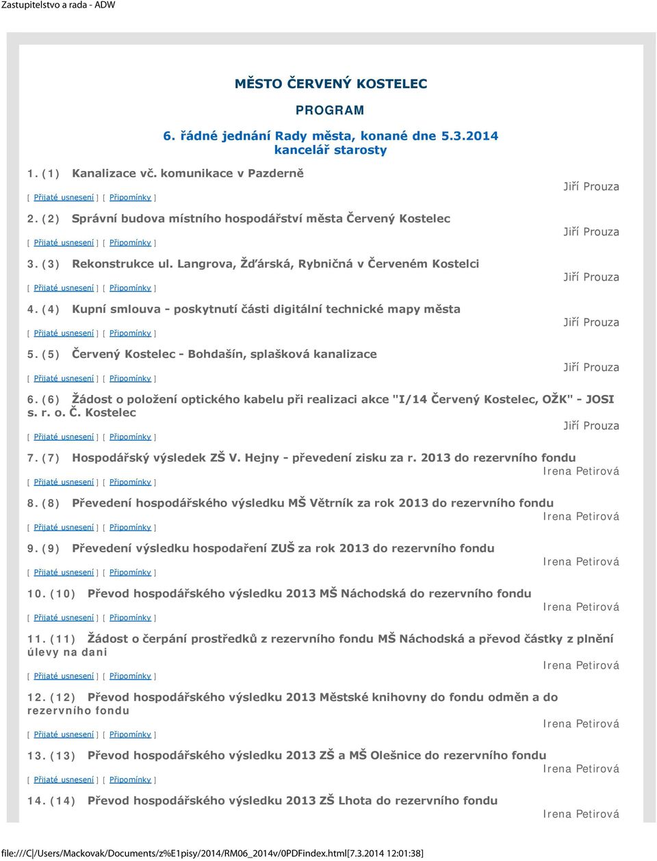 (4) Kupní smlouva - poskytnutí části digitální technické mapy města 5. (5) Červený Kostelec - Bohdašín, splašková kanalizace Jiří Prouza Jiří Prouza Jiří Prouza Jiří Prouza Jiří Prouza 6.