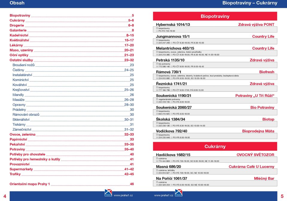Ovoce, zelenina 32 33 Papírnictví 33 Pekaøství 33 35 35 40 Potøeby pro chovatele 40 Potøeby pro øemeslníky a kutily 41 Provaznictví 41 Supermarkety 41 42 Trafiky 42 45 Orientaèní mapa Prahy 1 46