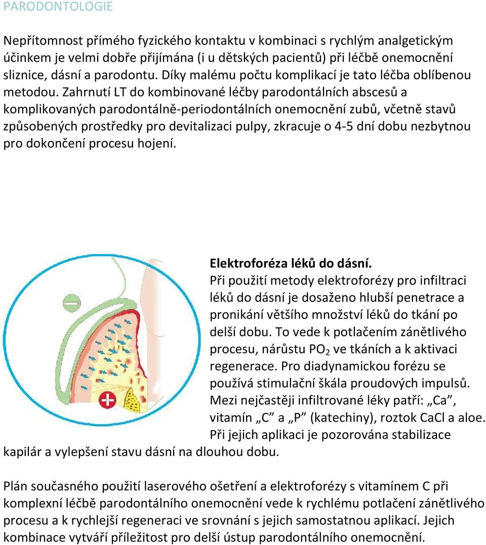 Zahrnutí LT do kombinované léčby parodontálních abscesů a komplikovaných parodontálně-periodontálních onemocnění zubů, včetně stavů způsobených prostředky pro devitalizaci pulpy, zkracuje o 4-5 dní