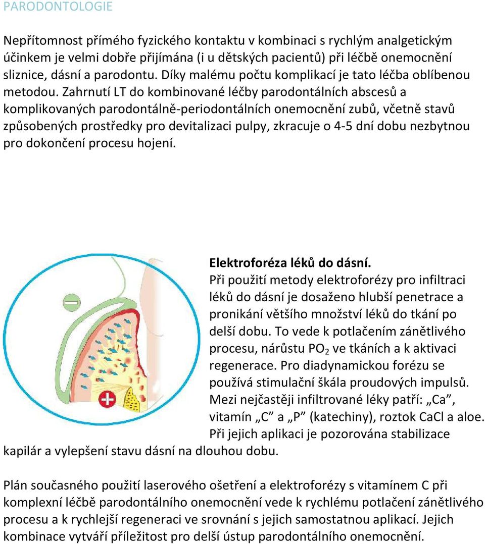 Zahrnutí LT do kombinované léčby parodontálních abscesů a komplikovaných parodontálně-periodontálních onemocnění zubů, včetně stavů způsobených prostředky pro devitalizaci pulpy, zkracuje o 4-5 dní