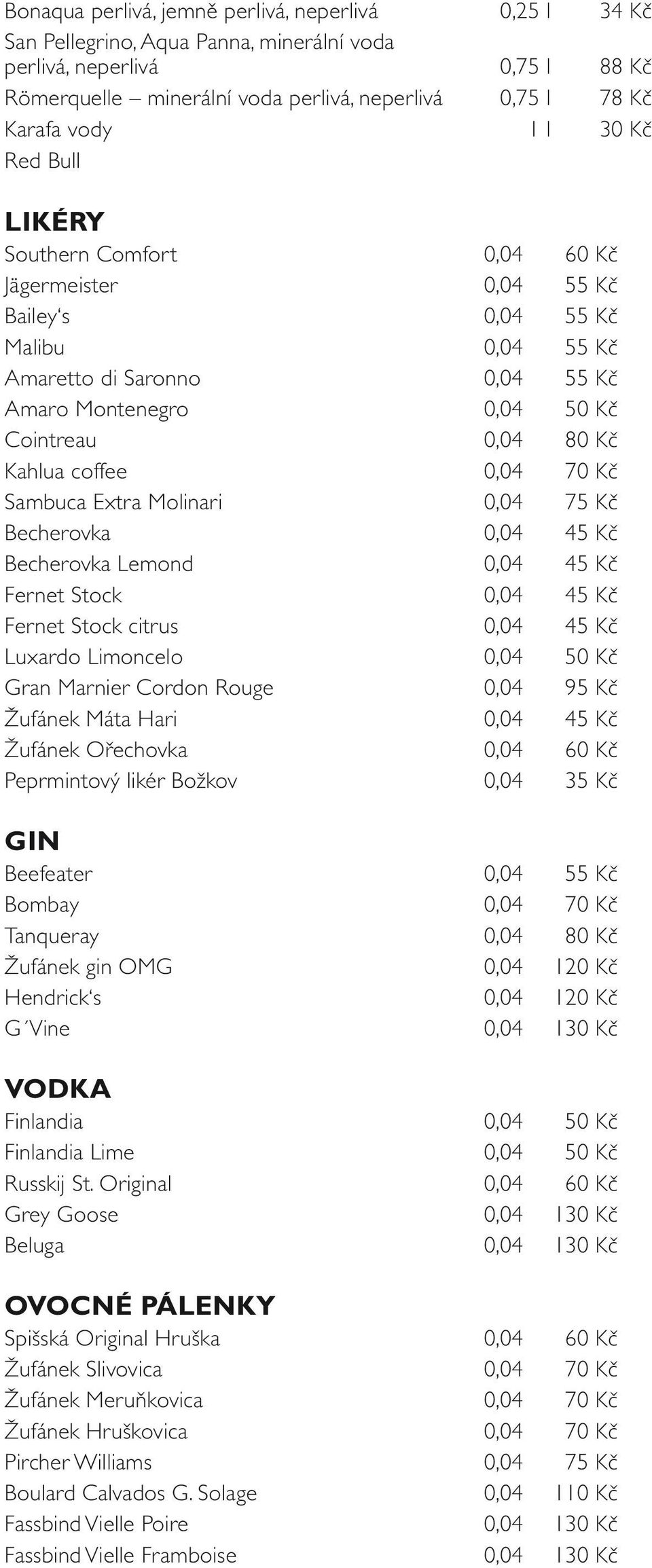 coffee 0,04 70 Kč Sambuca Extra Molinari 0,04 75 Kč Becherovka 0,04 45 Kč Becherovka Lemond 0,04 45 Kč Fernet Stock 0,04 45 Kč Fernet Stock citrus 0,04 45 Kč Luxardo Limoncelo 0,04 50 Kč Gran Marnier