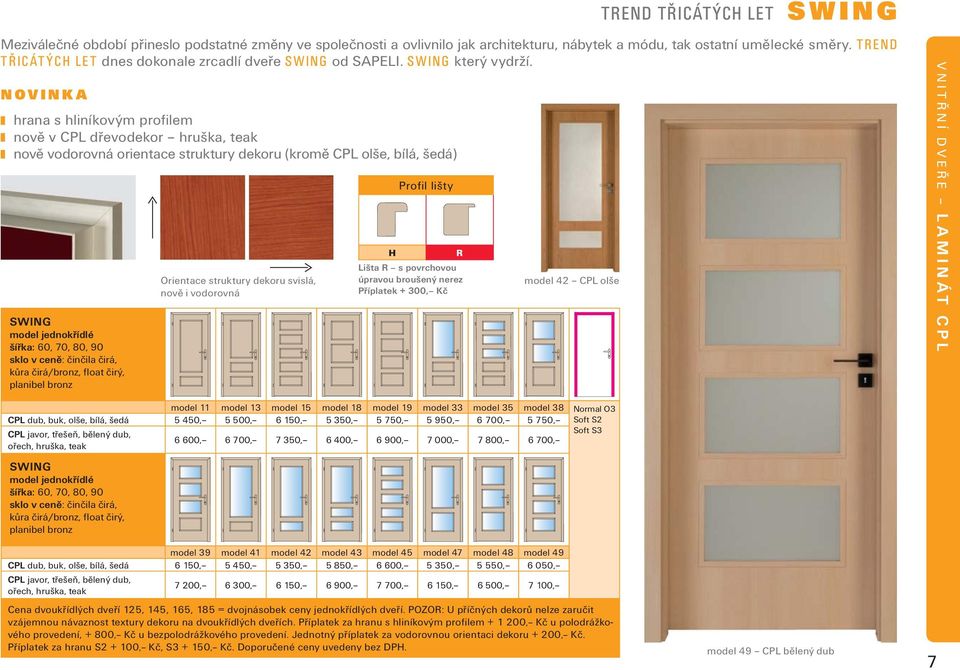 NOVINKA hrana s hliníkovým profilem nově v CPL dřevodekor hruška, teak nově vodorovná orientace struktury dekoru (kromě CPL olše, bílá, šedá) SWING model jednokřídlé šířka: 60, 70, 80, 90 sklo v
