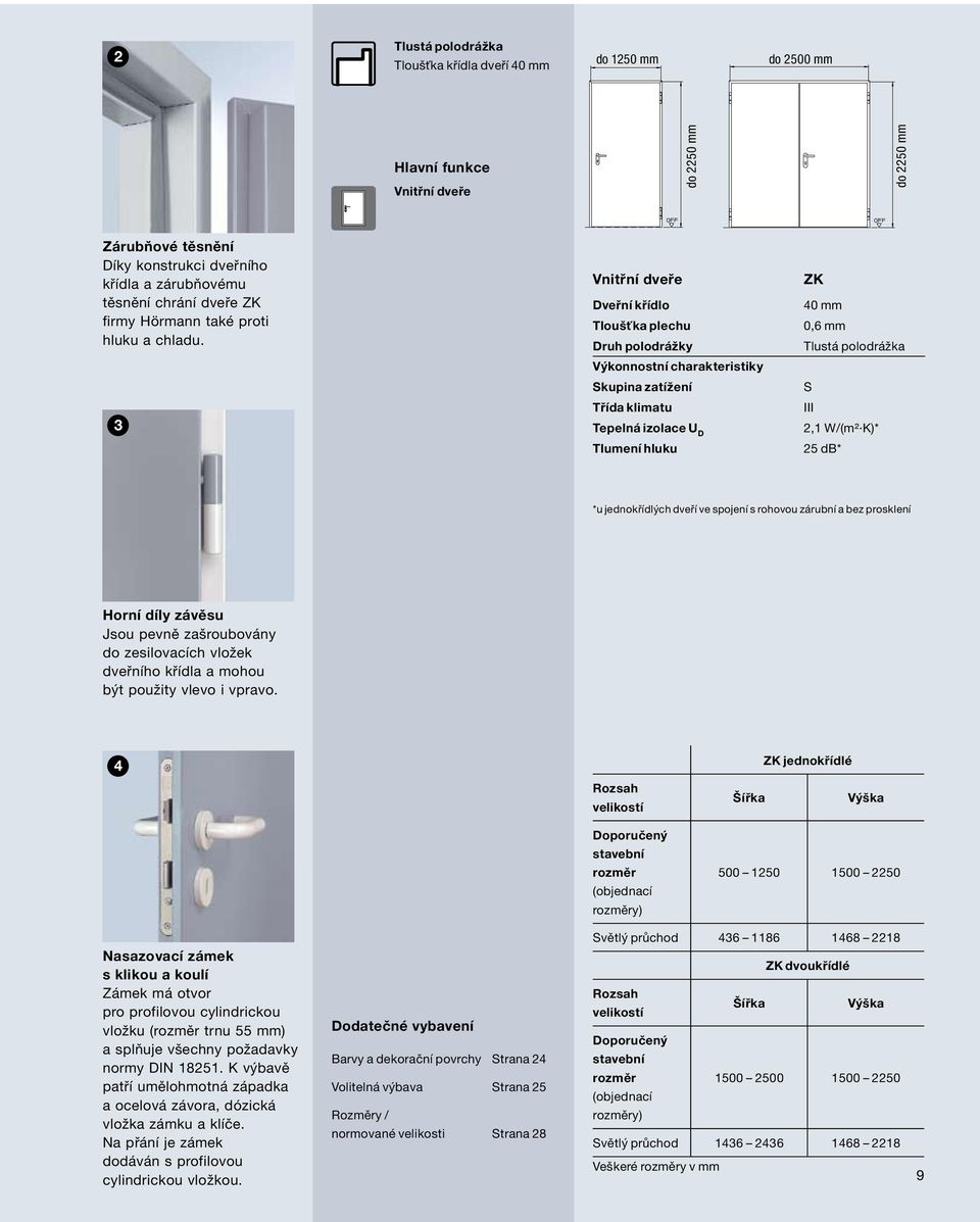 3 Vnitřní dveře Dveřní křídlo Tloušťka plechu Druh polodrážky Výkonnostní charakteristiky Skupina zatížení Třída klimatu Tepelná izolace U D Tlumení hluku ZK 40 mm 0,6 mm Tlustá polodrážka S III 2,1