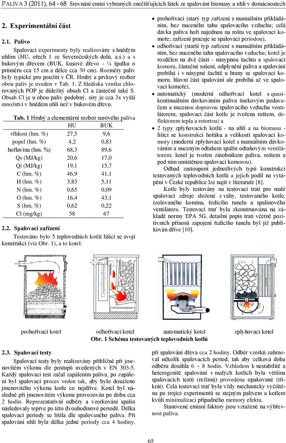 Obsah Cl je u obou paliv podobný, síry je cca 3x vyšší množství v hnědém uhlí než v bukovém dřevu. Tab. 1 Hrubý a elementární rozbor surového paliva HU BUK vlhkost (hm. %) 27,5 9,6 popel (hm.