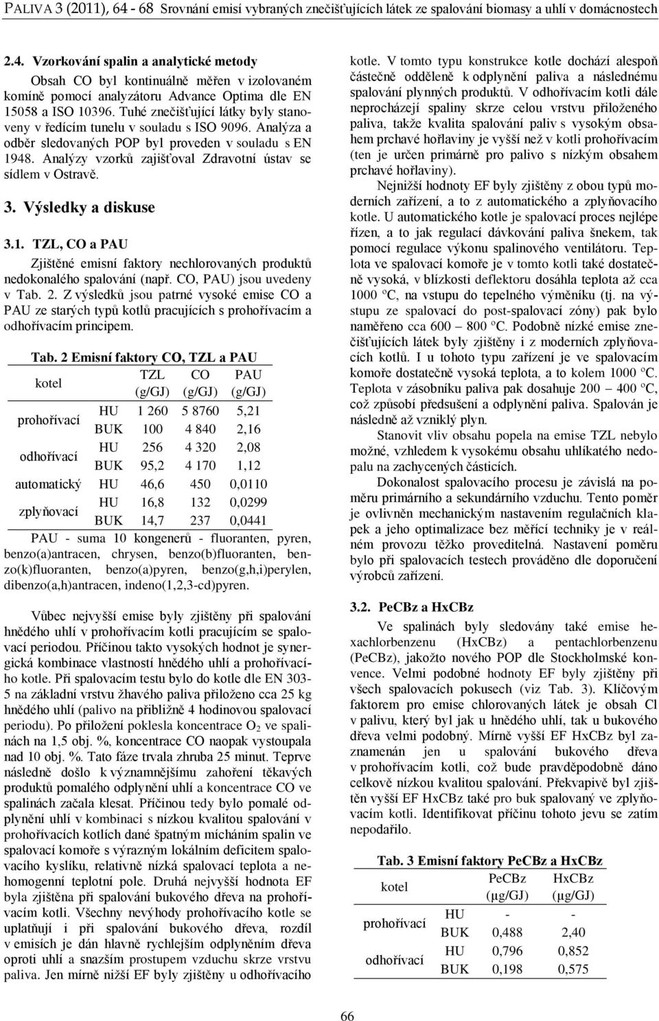 Analýzy vzorků zajišťoval Zdravotní ústav se sídlem v Ostravě. 3. Výsledky a diskuse 3.1. TZL, CO a PAU Zjištěné emisní faktory nechlorovaných produktů nedokonalého spalování (např.