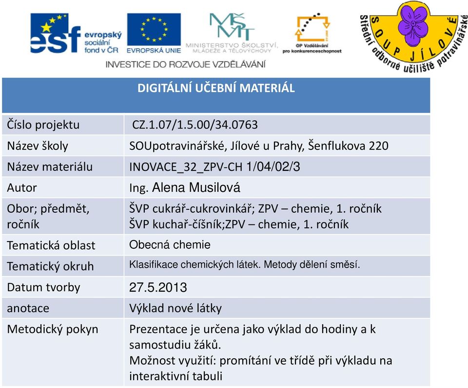 oblast Tematický okruh Ing. Alena Musilová ŠVP cukrář-cukrovinkář; ZPV chemie, 1. ročník ŠVP kuchař-číšník;zpv chemie, 1.