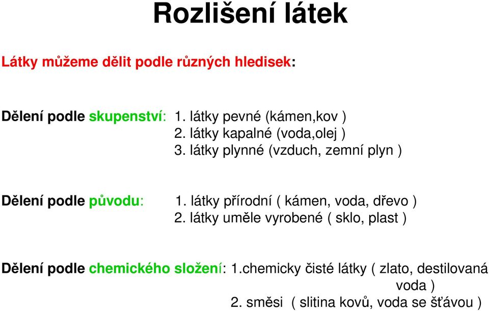 látky plynné (vzduch, zemní plyn ) Dělení podle původu: 1. látky přírodní ( kámen, voda, dřevo ) 2.