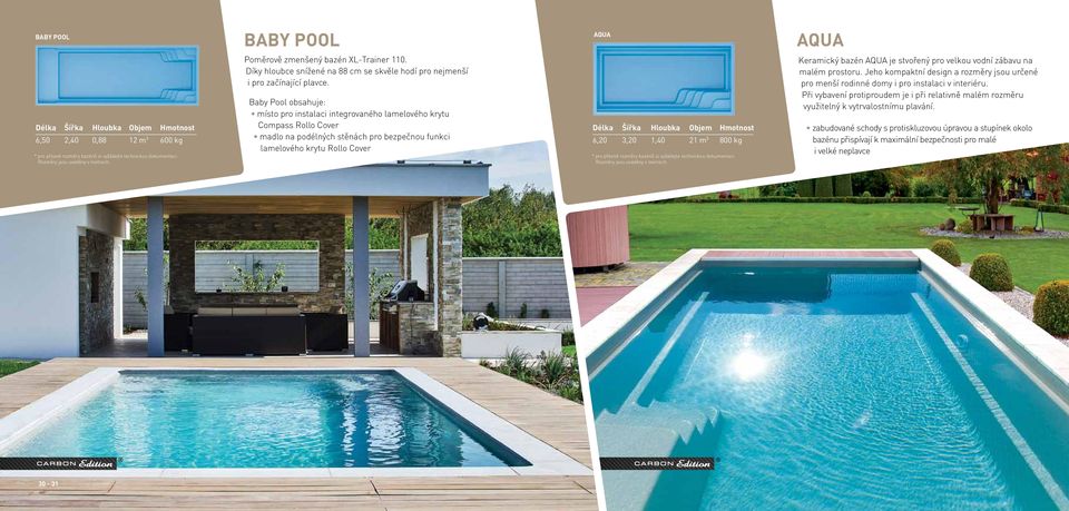 Baby Pool obsahuje: místo pro instalaci integrovaného lamelového krytu Compass Rollo Cover madlo na podélných stěnách pro bezpečnou funkci lamelového krytu Rollo Cover Délka Šířka Hloubka Objem