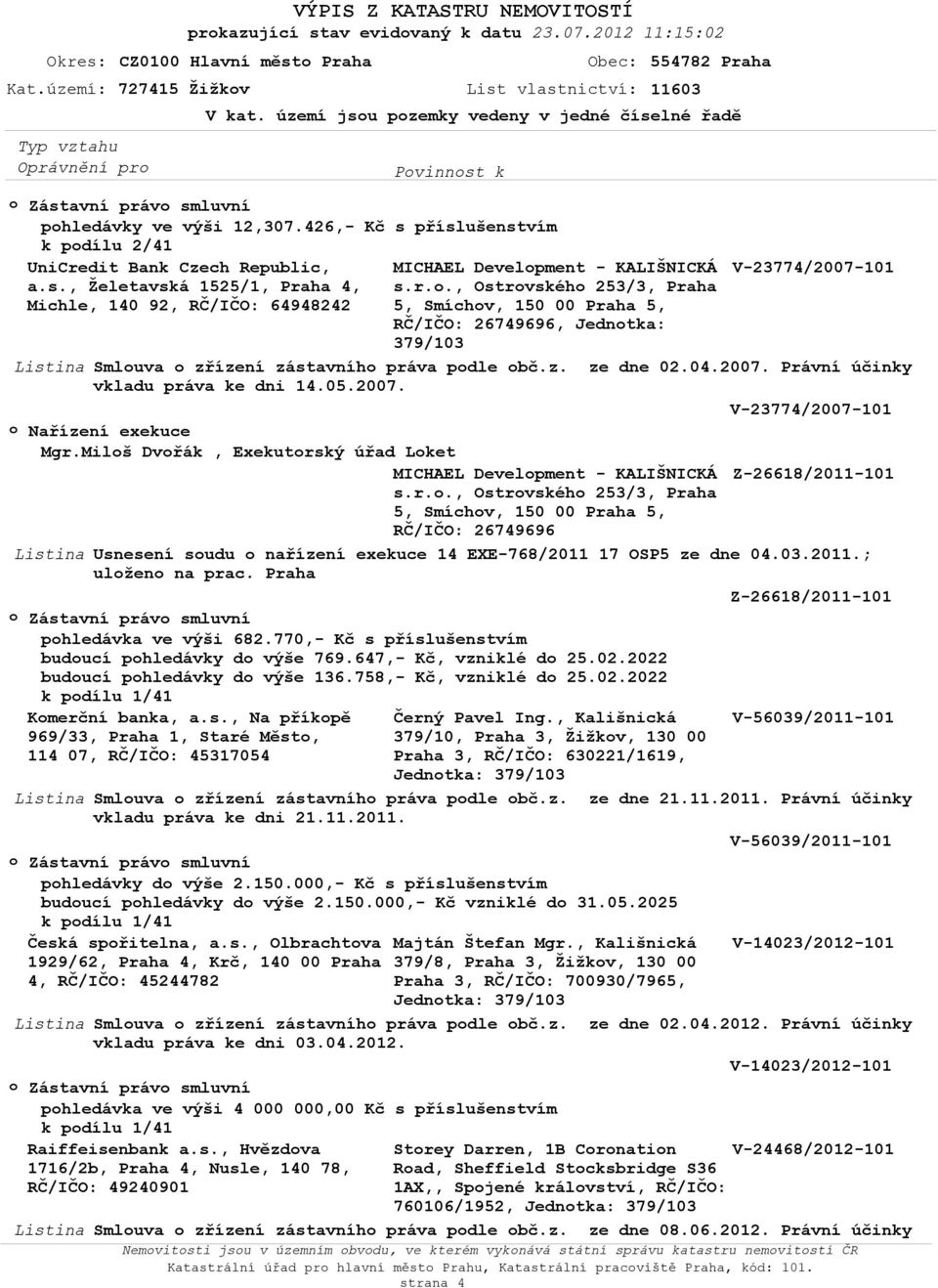 426,- Kč s příslušenstvím k pdílu UniCredit Bank Czech Republic, MICHAEL Develpment - KALIŠNICKÁ V-23774/2007-101 a.s., Želetavská 1525/1, Praha 4, s.r.., Ostrvskéh 253/3, Praha Michle, 140 92, RČ/IČO: 64948242 5, Smíchv, 150 00 Praha 5,, Jedntka: Listina Smluva zřízení zástavníh práva pdle bč.
