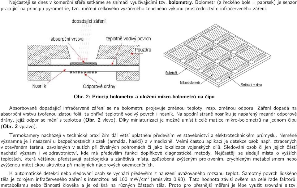 2: Princip bolometru a uložení mikro-bolometrů na čipu Absorbované dopadající infračervené záření se na bolometru projevuje změnou teploty, resp. změnou odporu.