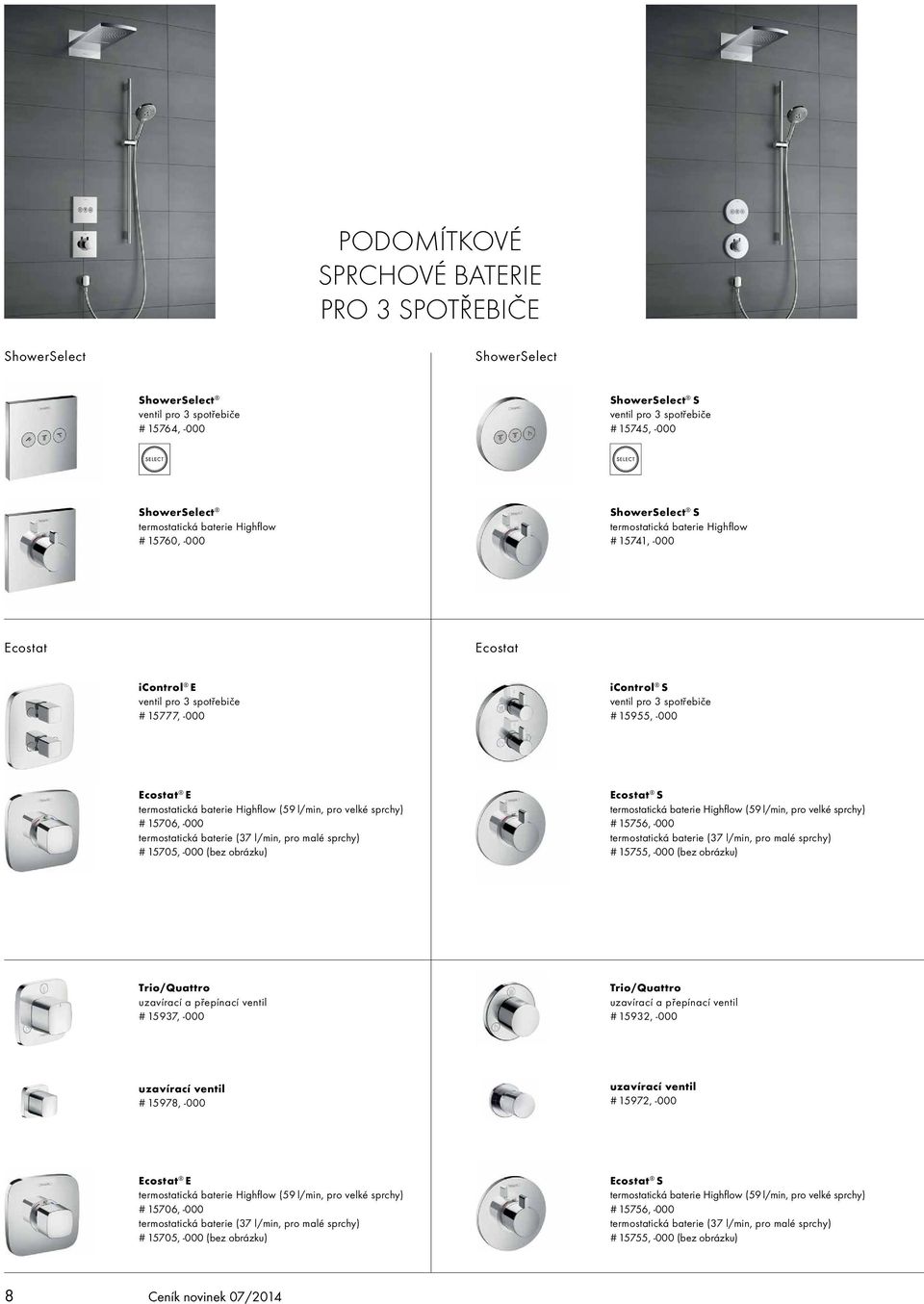 spotřebiče # 15955, -000 Ecostat E termostatická baterie Highflow (59 l/min, pro velké sprchy) # 15706, -000 termostatická baterie (37 l/min, pro malé sprchy) # 15705, -000 (bez obrázku) Ecostat S