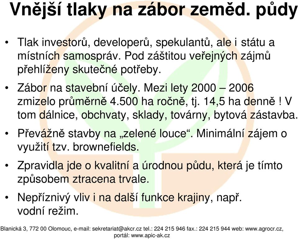 500 ha ročně, tj. 14,5 ha denně! V tom dálnice, obchvaty, sklady, továrny, bytová zástavba. Převážně stavby na zelené louce.