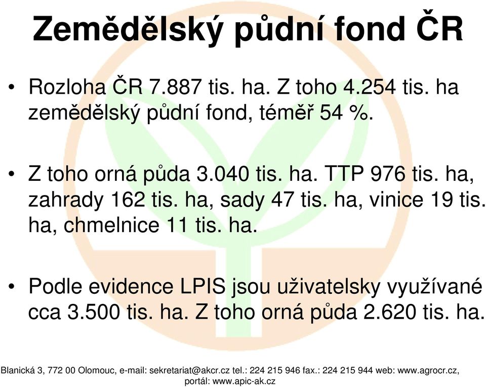 ha, zahrady 162 tis. ha, sady 47 tis. ha, vinice 19 tis. ha, chmelnice 11 tis. ha. Podle evidence LPIS jsou uživatelsky využívané cca 3.