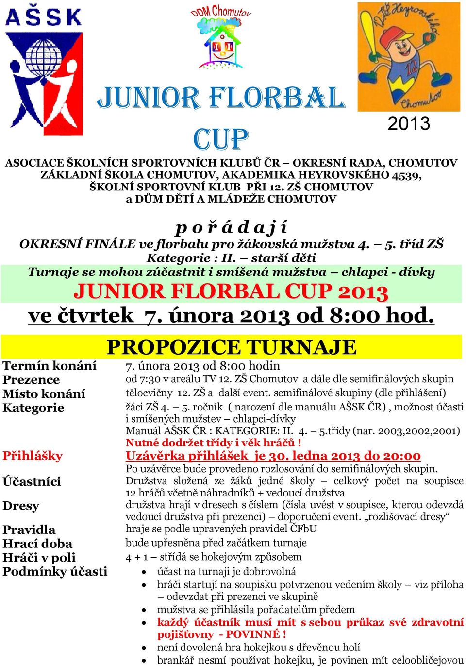 starší děti Turnaje se mohou zúčastnit i smíšená mužstva chlapci - dívky ve čtvrtek 7. února 2013 od 8:00 hod. PROPOZICE TURNAJE Termín konání 7.