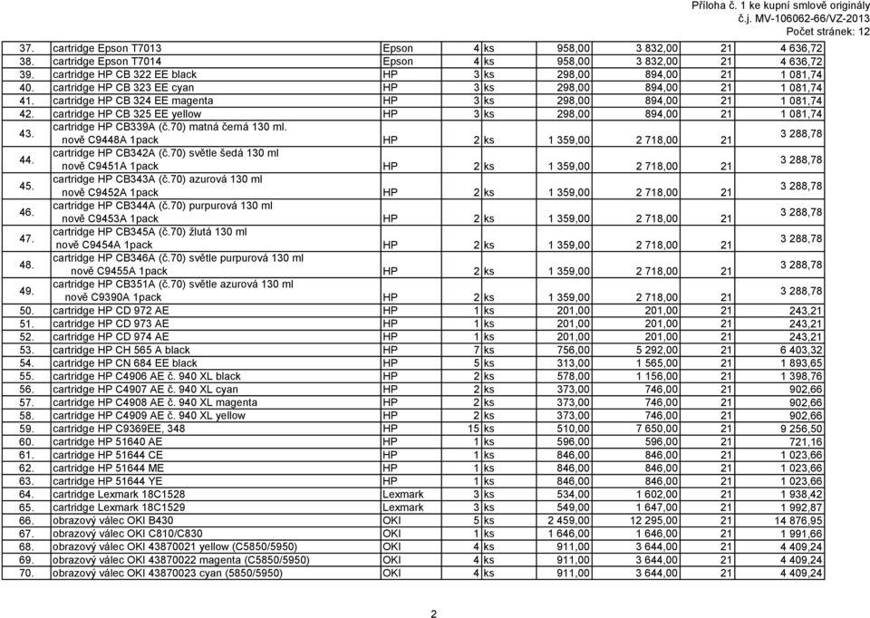 cartridge HP CB 325 EE yellow HP 3 ks 298,00 894,00 21 1 081,74 43. cartridge HP CB339A (č.70) matná černá 130 ml. nově C9448A 1pack HP 2 ks 1 359,00 2 718,00 21 44. cartridge HP CB342A (č.
