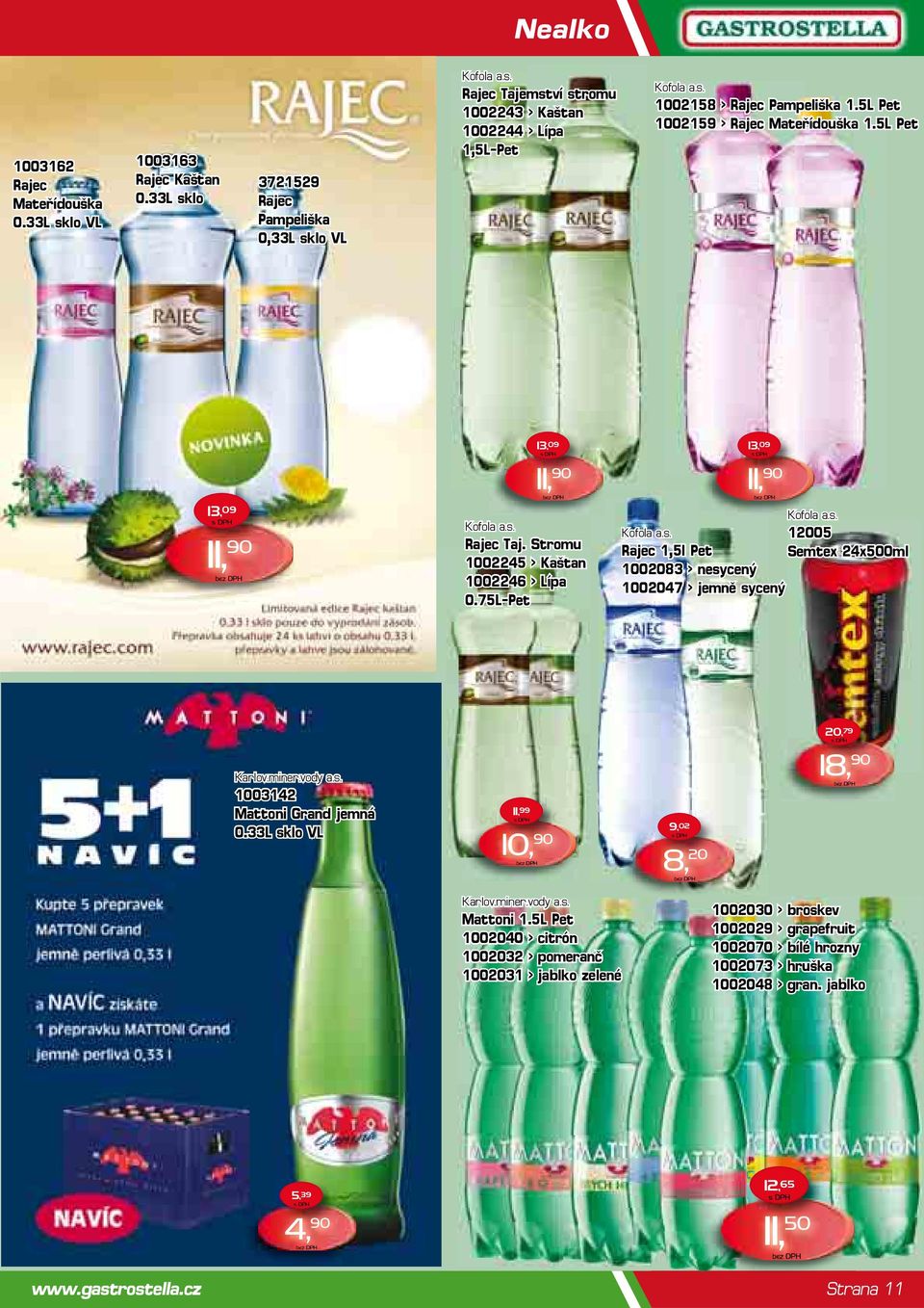 s. Kofola a.s. 12005 Rajec 1,5l Pet Semtex 24x500ml 1002083 > nesycený 1002047 > jemně sycený 20, 79 Karlov.miner.vody a.s. 1003142 Mattoni Grand jemná 0.