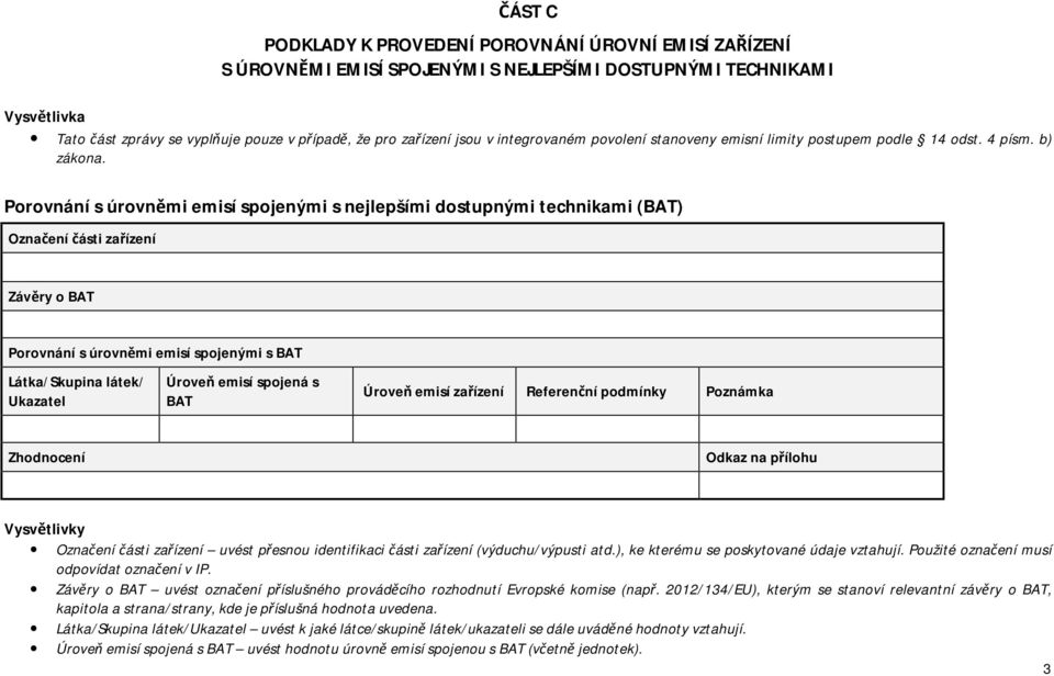 Porovnání s úrovněmi emisí spojenými s nejlepšími dostupnými technikami (BAT) Označení části zařízení Závěry o BAT Porovnání s úrovněmi emisí spojenými s BAT Látka/Skupina látek/ Ukazatel Úroveň