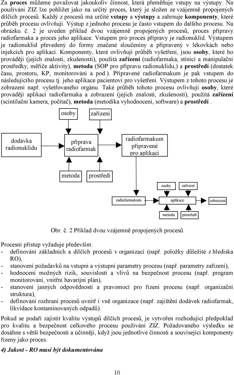 2 je uveden příklad dvou vzájemně propojených procesů, proces přípravy radiofarmaka a proces jeho aplikace. Vstupem pro proces přípravy je radionuklid.