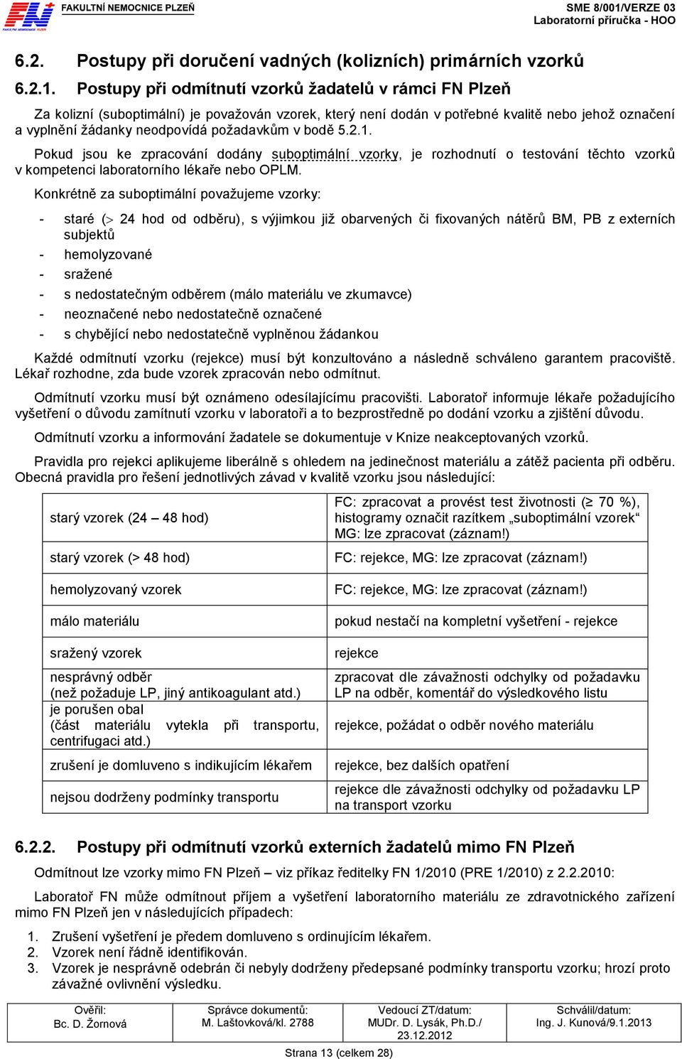 v bodě 5.2.1. Pokud jsou ke zpracování dodány suboptimální vzorky, je rozhodnutí o testování těchto vzorků v kompetenci laboratorního lékaře nebo OPLM.