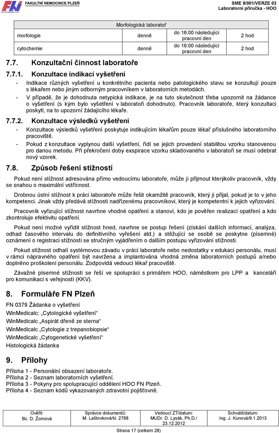 :00 následující pracovní den 2 hod cytochemie denně 2 hod 7.7. Konzultační činnost laboratoře 7.7.1.