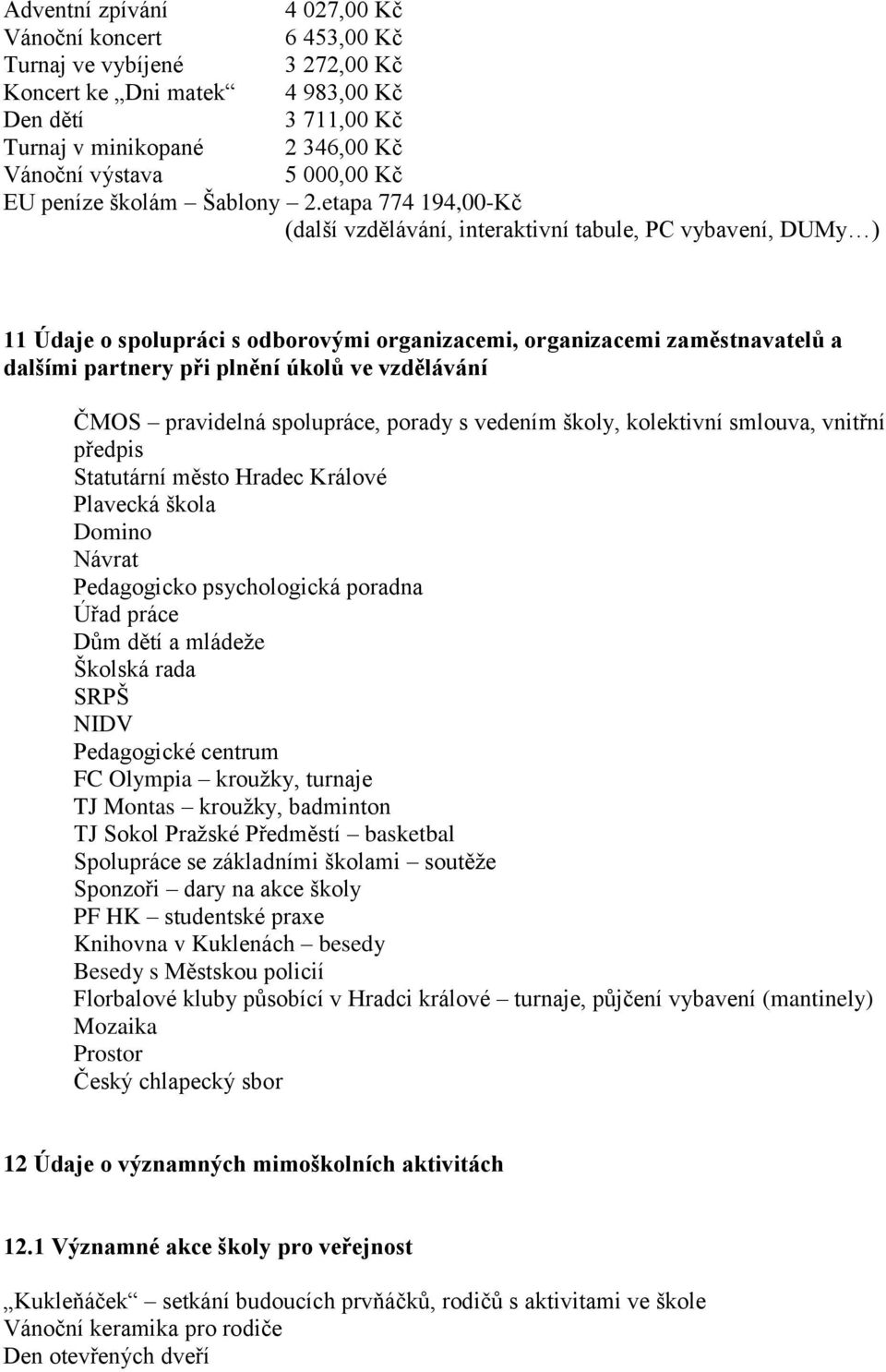 etapa 774 194,00-Kč (další vzdělávání, interaktivní tabule, PC vybavení, DUMy ) 11 Údaje o spolupráci s odborovými organizacemi, organizacemi zaměstnavatelů a dalšími partnery při plnění úkolů ve