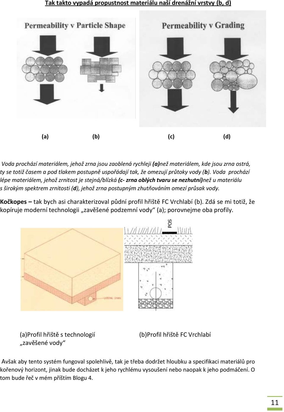 Voda prochází lépe materiálem, jehož zrnitost je stejná/blízká (c- zrna oblých tvaru se nezhutní)než u materiálu s širokým spektrem zrnitosti (d), jehož zrna postupným zhutňováním omezí průsak vody.