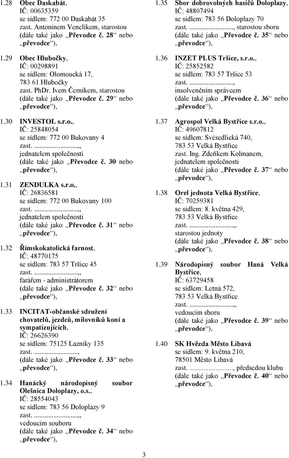 ...,, jednatelem společnosti (dále také jako Převodce č. 30 nebo 1.31 ZENDULKA s.r.o., IČ: 26836581 se sídlem: 772 00 Bukovany 100 zast....,, jednatelem společnosti (dále také jako Převodce č. 31 nebo 1.