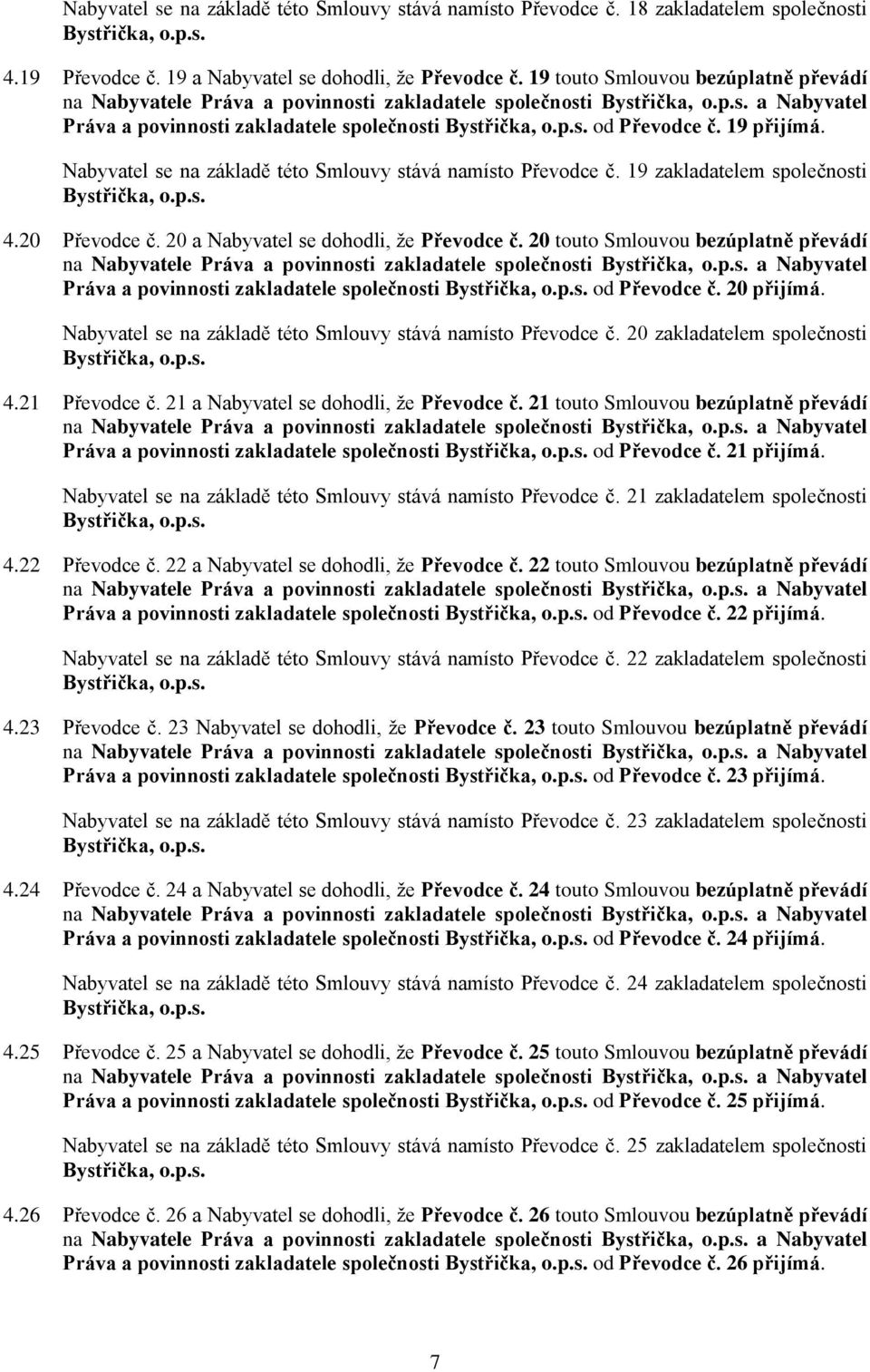 Nabyvatel se na základě této Smlouvy stává namísto Převodce č. 19 zakladatelem společnosti 4.20 Převodce č. 20 a Nabyvatel se dohodli, že Převodce č.