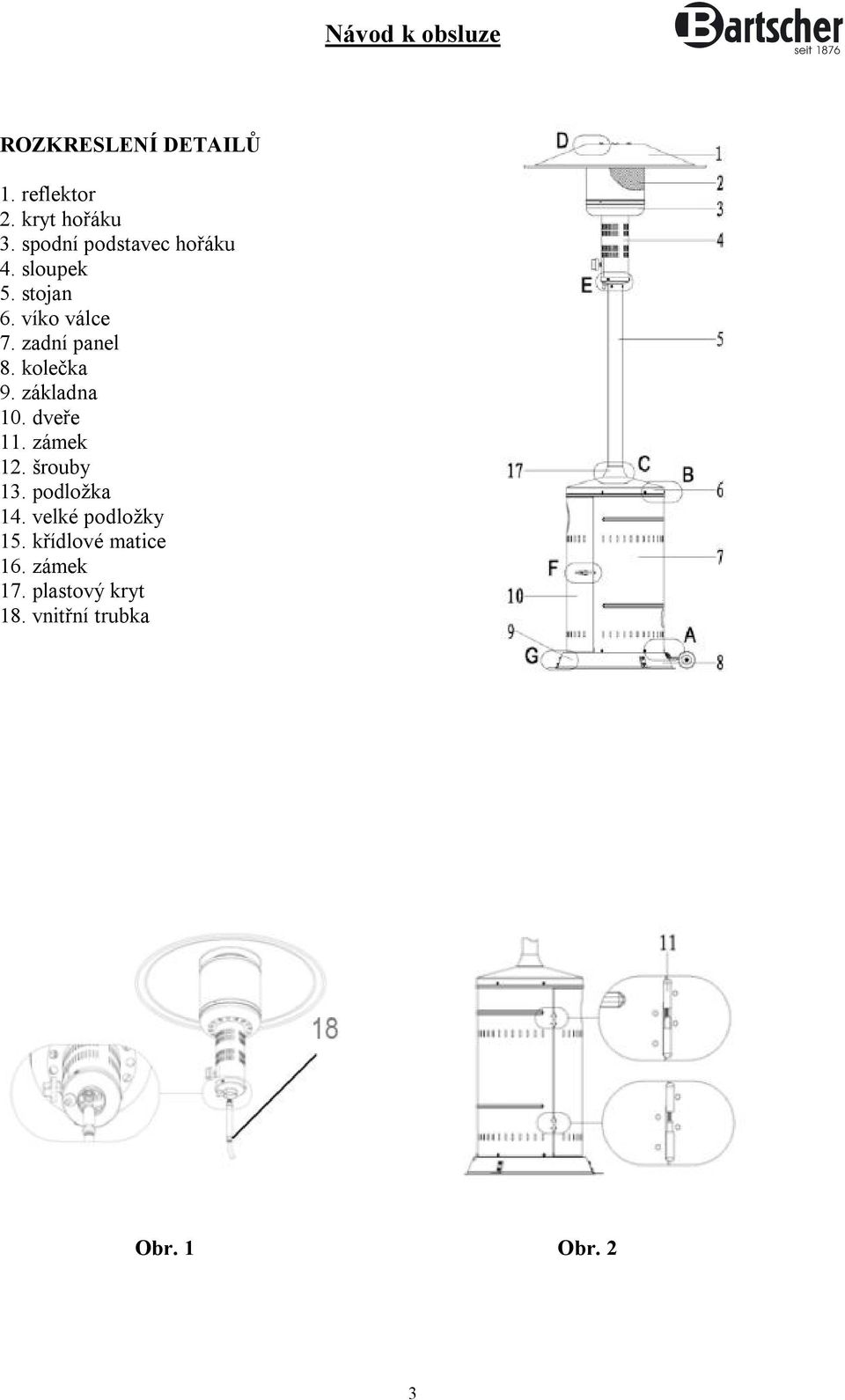 zadní panel 8. kolečka 9. základna 10. dveře 11. zámek 12. šrouby 13.