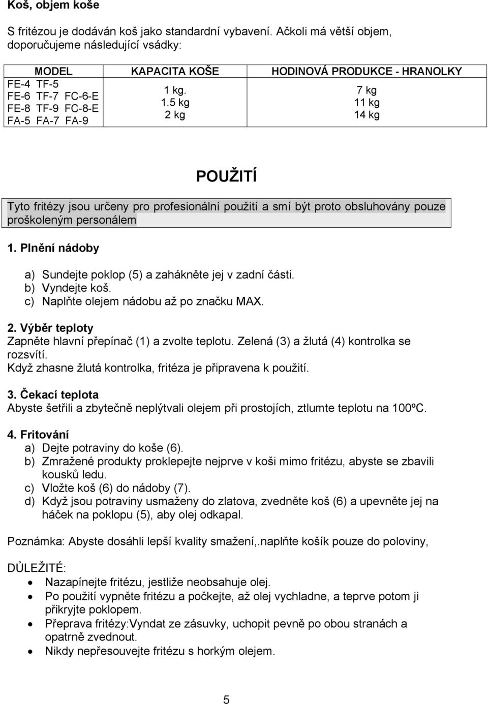 kg. 1.5 kg 2 kg 7 kg 11 kg 14 kg POUŽITÍ Tyto fritézy jsou určeny pro profesionální použití a smí být proto obsluhovány pouze proškoleným personálem 1.