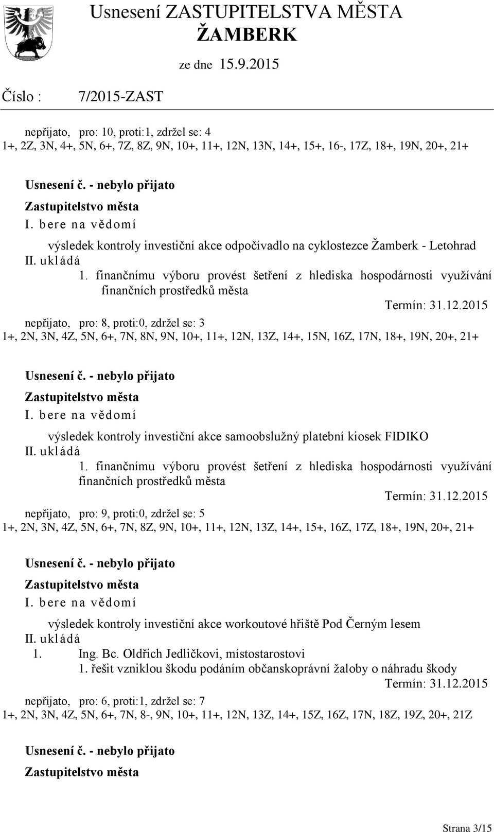 2015 nepřijato, pro: 8, proti:0, zdržel se: 3 1+, 2N, 3N, 4Z, 5N, 6+, 7N, 8N, 9N, 10+, 11+, 12N, 13Z, 14+, 15N, 16Z, 17N, 18+, 19N, 20+, 21+ výsledek kontroly investiční akce samoobslužný platební