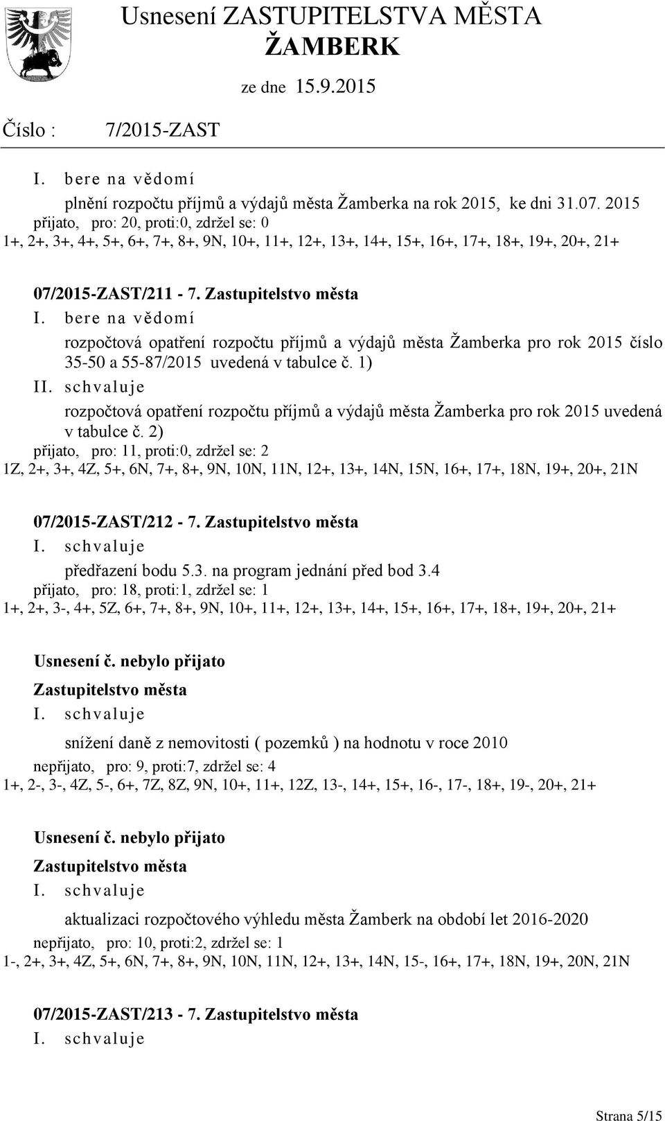 rozpočtová opatření rozpočtu příjmů a výdajů města Žamberka pro rok 2015 číslo 35-50 a 55-87/2015 uvedená v tabulce č.