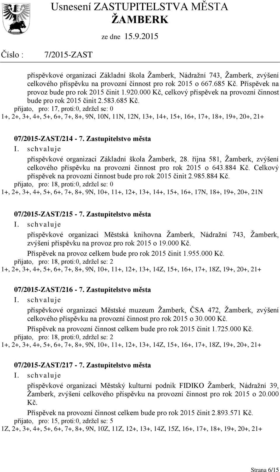 přijato, pro: 17, proti:0, zdržel se: 0 1+, 2+, 3+, 4+, 5+, 6+, 7+, 8+, 9N, 10N, 11N, 12N, 13+, 14+, 15+, 16+, 17+, 18+, 19+, 20+, 21+ 0/214-7. příspěvkové organizaci Základní škola Žamberk, 28.